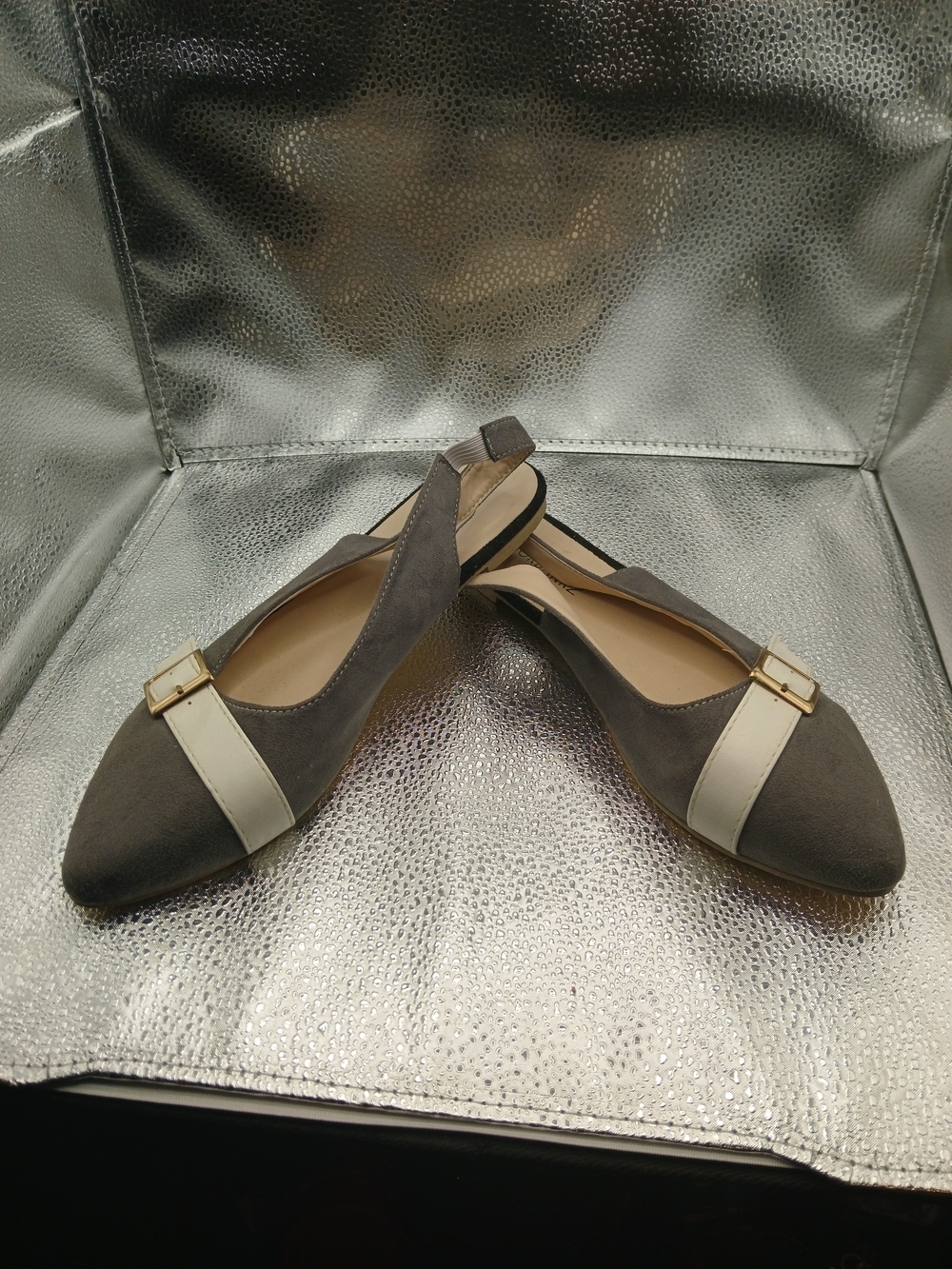 Morbarrz Gray Pointed Slingback Flats w/White Strap & Gold Buckle Women's Size 8